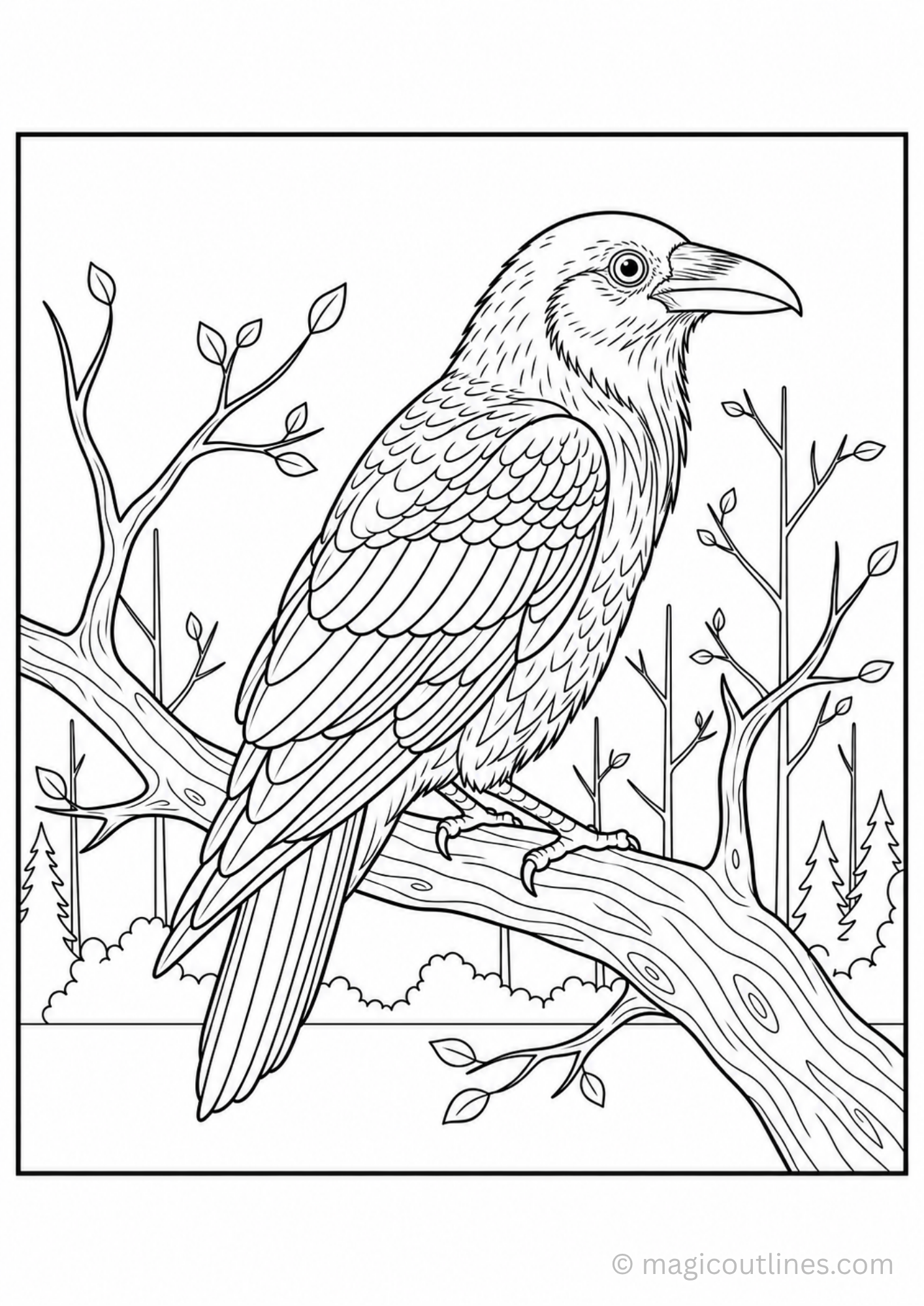 Raven coloring page featuring a raven bird outline for kids to color.