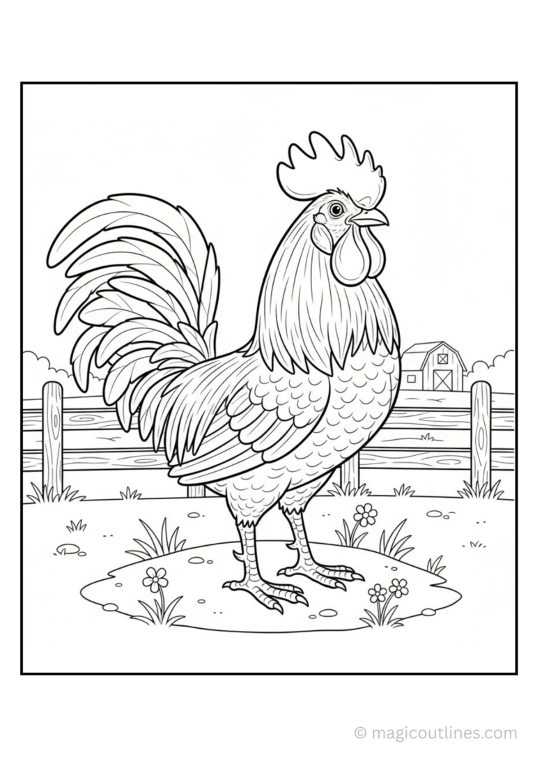 Rooster coloring page with detailed feathers, farm fence, flowers, grass, and a barn