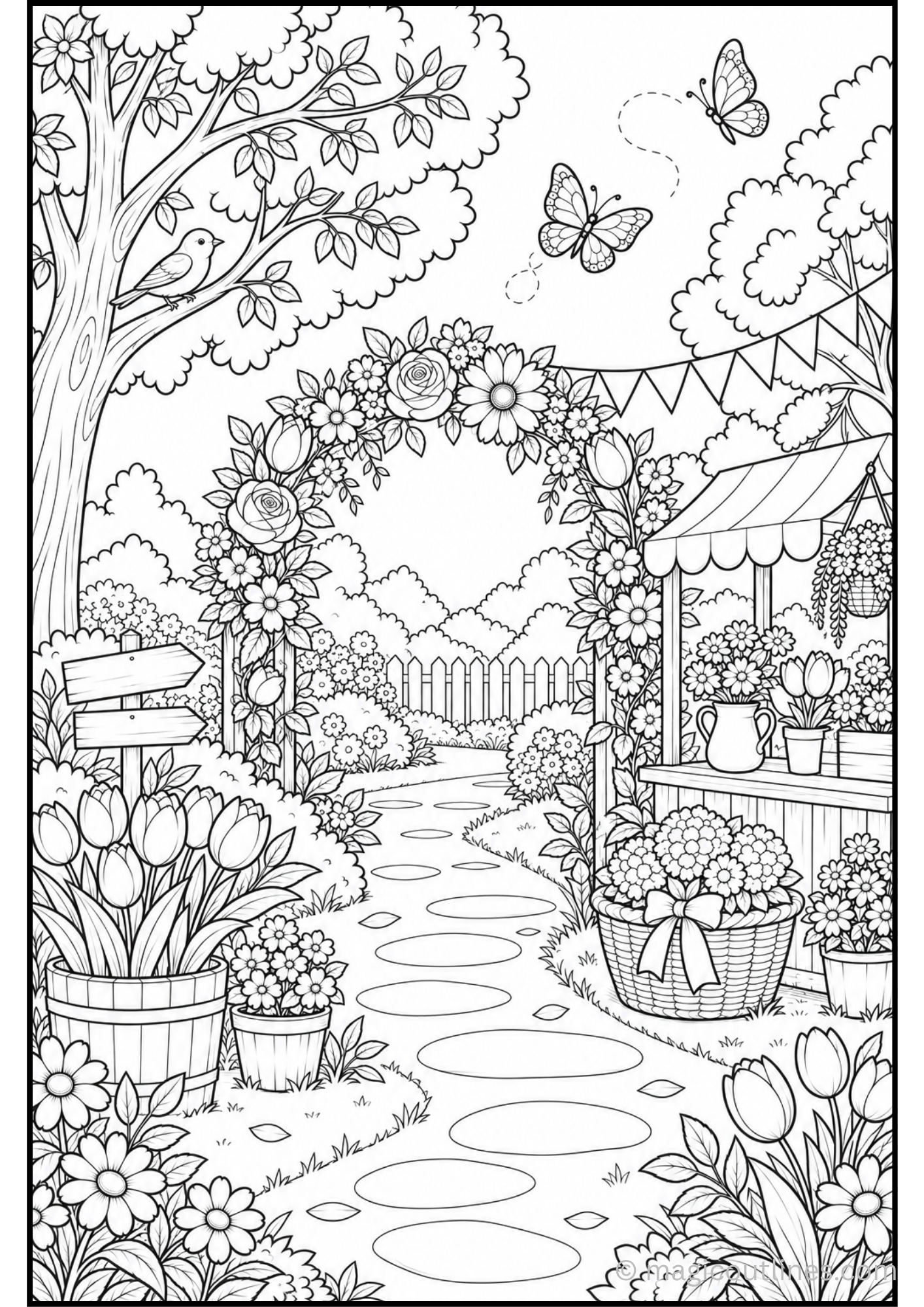 Spring flower festival coloring page with flower arch, garden path, flower stall, butterflies, trees, baskets, and blooming flowers