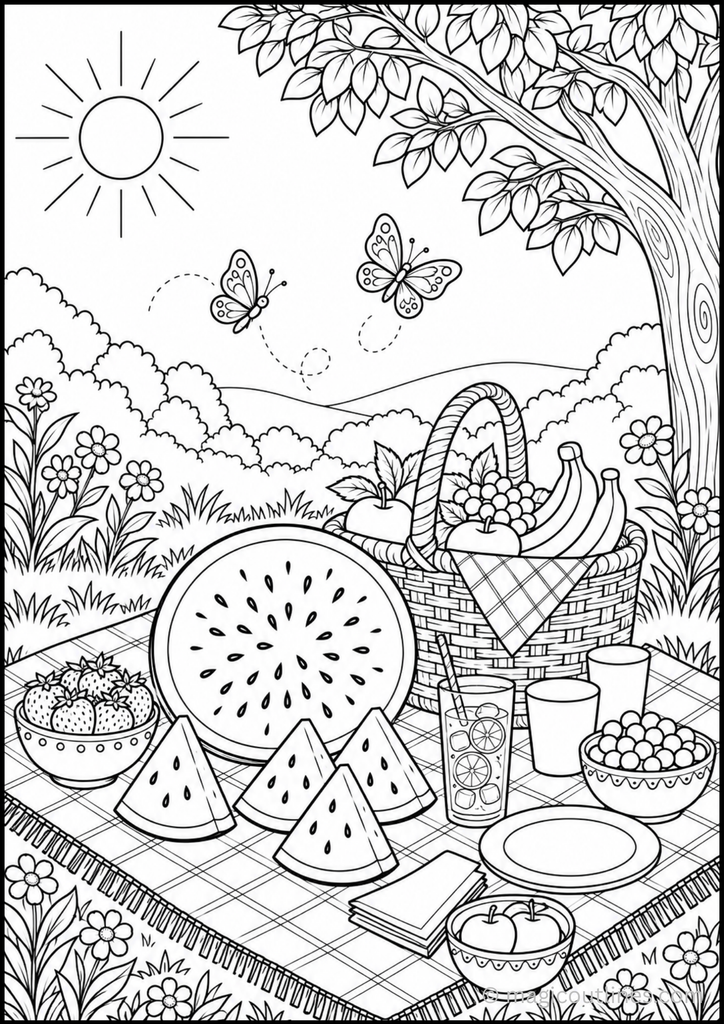 Summer watermelon picnic coloring page with watermelon slices, fruit basket, lemonade, flowers, butterflies, and picnic blanket
