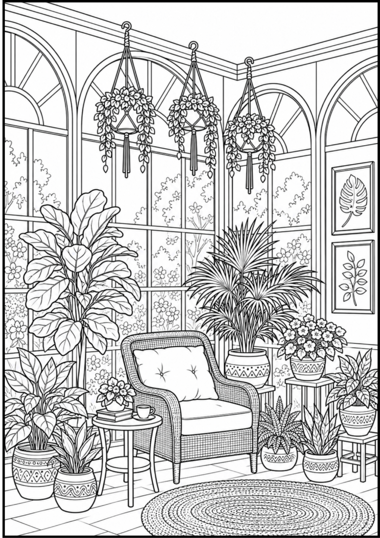 Sunroom coloring page featuring arched windows, hanging planters, green indoor plants, decorative pots, and a cozy rattan chair.
