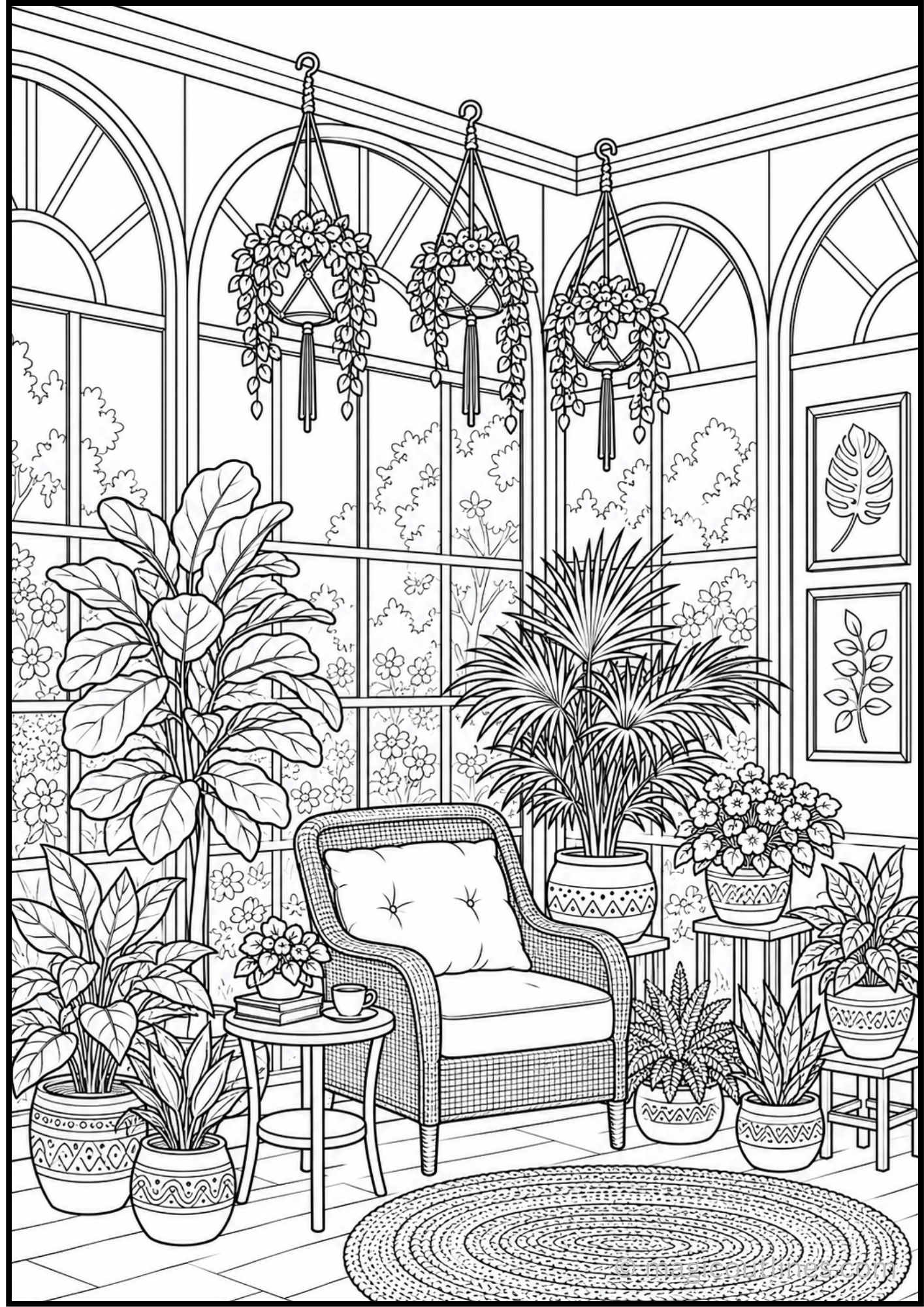 Sunroom coloring page featuring arched windows, hanging planters, green indoor plants, decorative pots, and a cozy rattan chair.