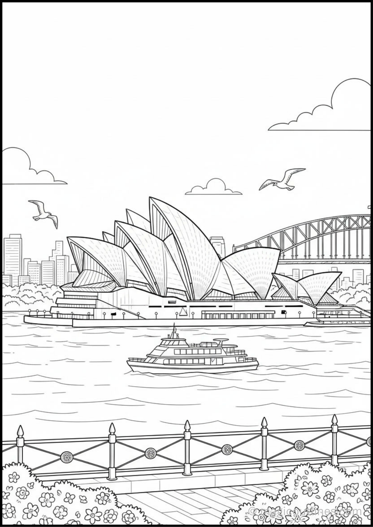 Sydney Opera House coloring page featuring the Harbour Bridge, a boat, flying seagulls, and waterfront flowers.