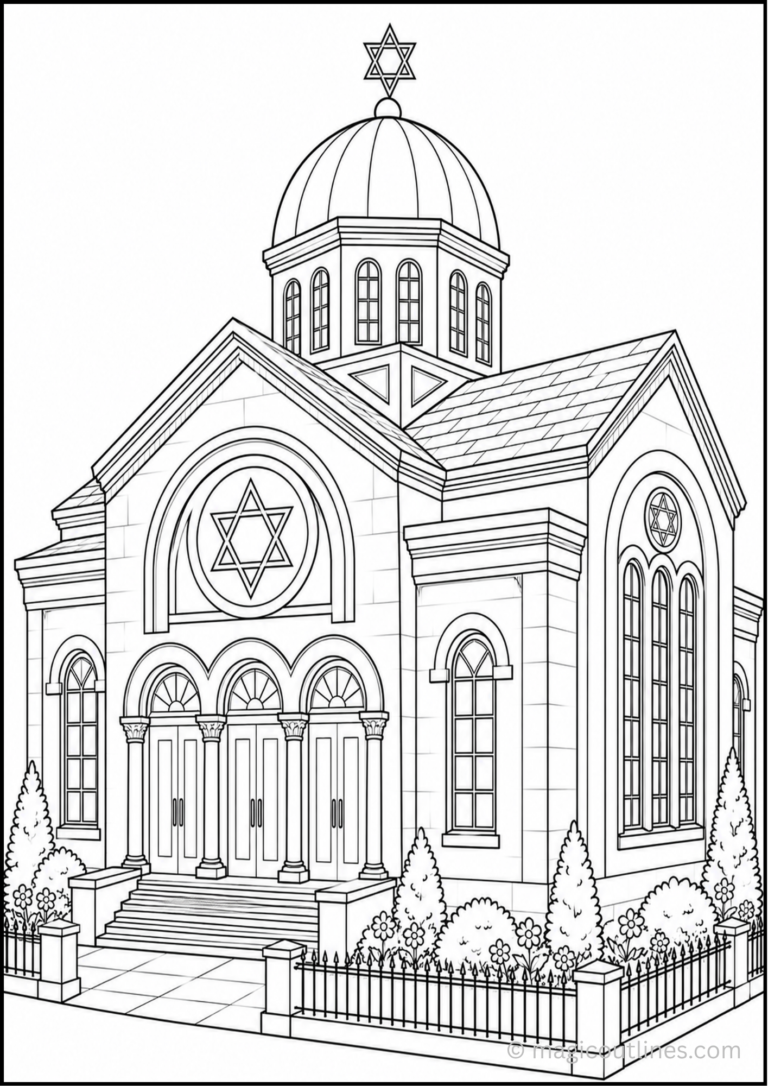 Synagogue coloring page with a large dome, Star of David, arched windows, and garden