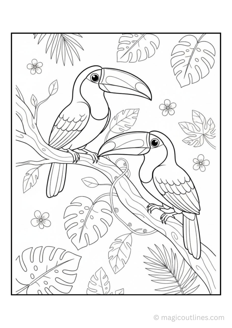 Toucan coloring page featuring two toucans perched on a tree branch with tropical leaves and flowers.