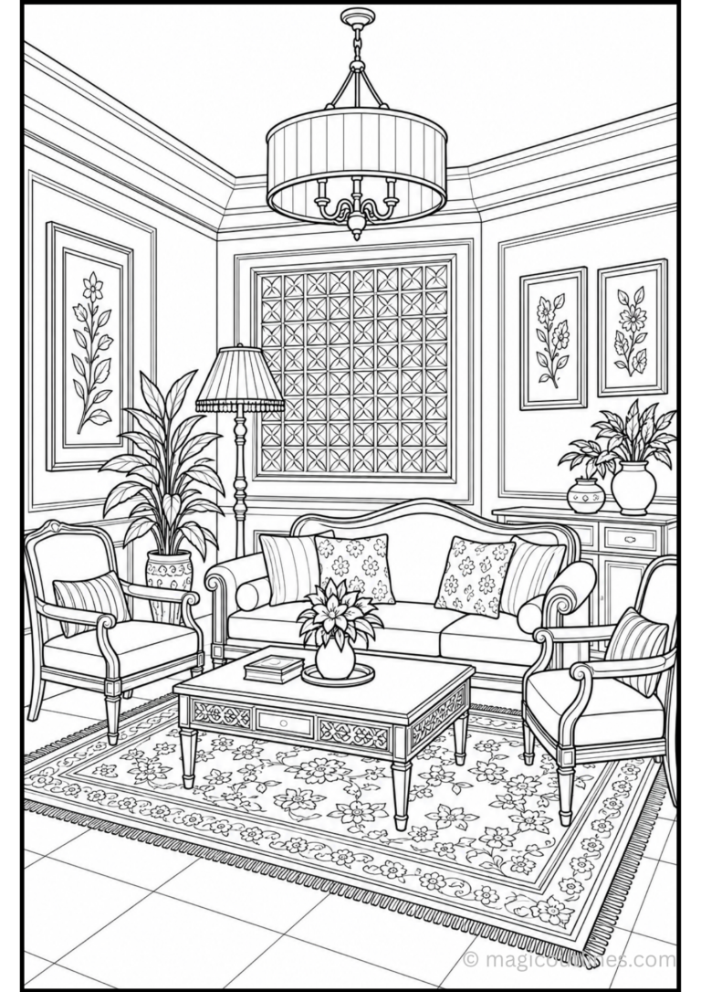 traditional living room coloring page featuring a wooden sofa, decorative cushions, coffee table, patterned rug, indoor plants, and classic home decor.