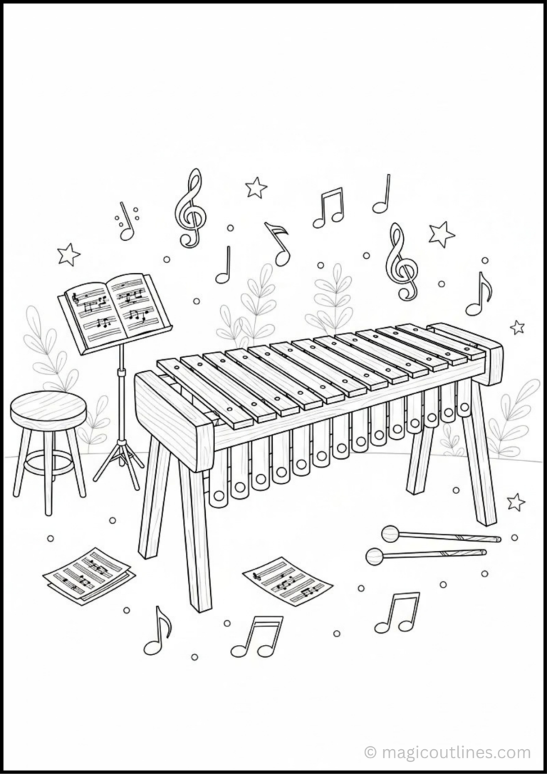 Xylophone coloring page for kids with musical notes, sheet music, mallets, and stars