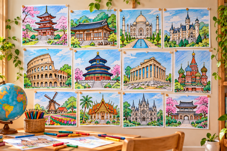 Children's art wall displaying colorful architecture coloring pages from different countries
