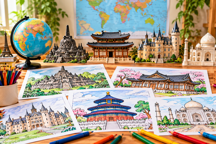 World architecture coloring pages with landmarks, globe, and coloring supplies