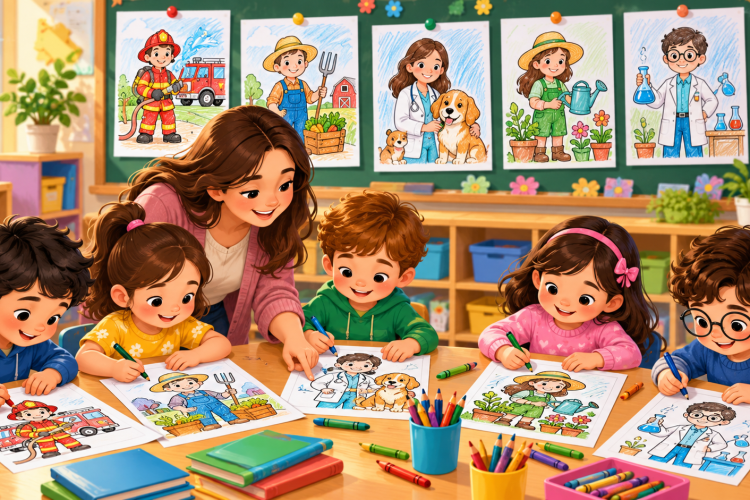 Children doing profession coloring activities in classroom