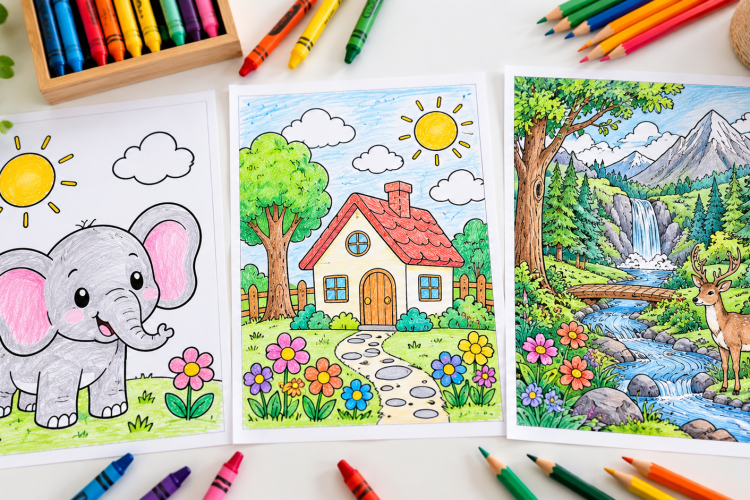 Coloring pages showing simple to detailed designs for different ages