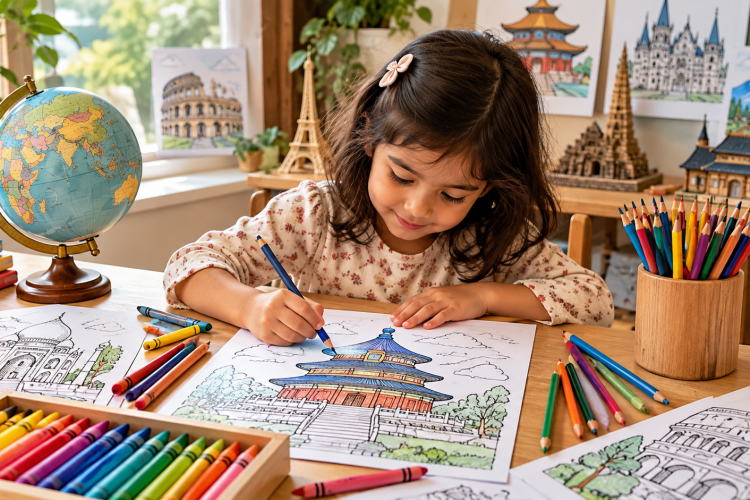 Child coloring architecture coloring pages with a globe and world landmarks