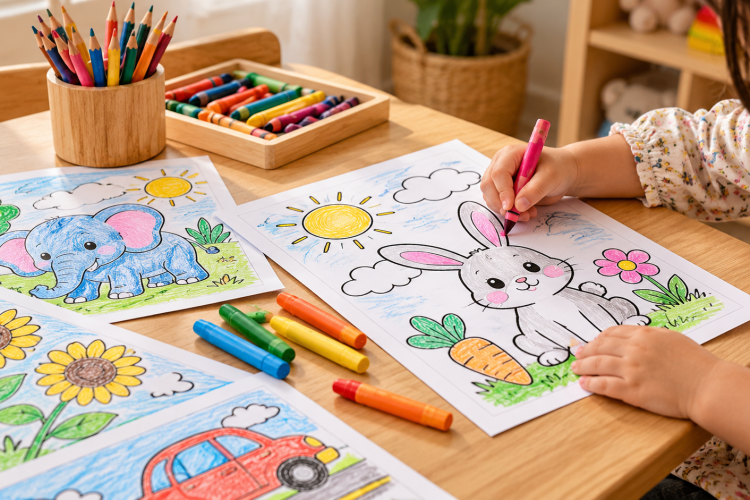 Child coloring a simple printable coloring page with crayons